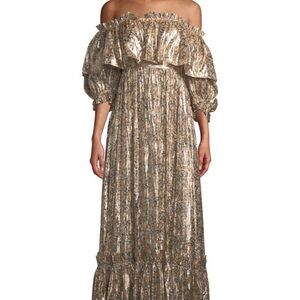 LoveShackFancy Gold Off-Shoulder Dress